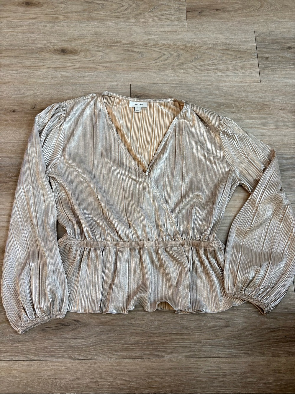 a new day Metallic Pleated Wrap Peplum Blouse - Champagne